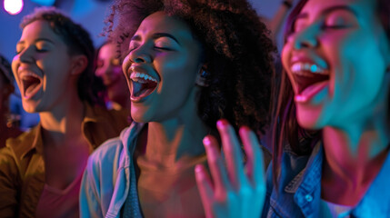 Obraz premium Joyful friends singing together at a party. Happy young people having fun, celebrating, and enjoying music under vibrant lights.