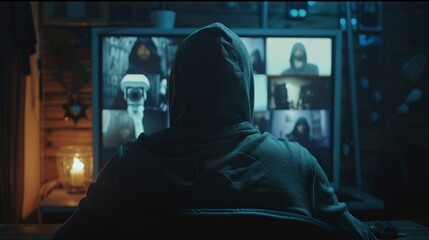 man on his back with a hoodie watching a screen or security cameras. spy or hacker concept