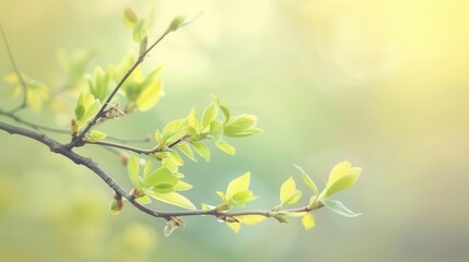delicate awakening graceful spring tree branch with fresh green leaves and soft pastel hues nature photography