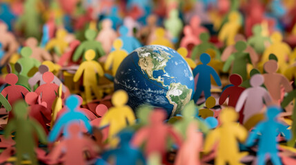 Obraz premium A group of papercut people holding hands around a globe, world population day and global unity concept