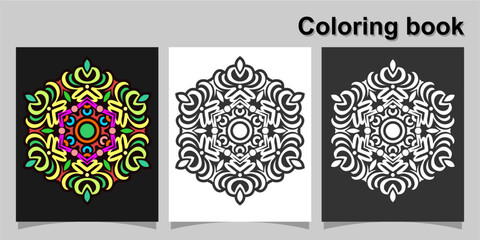 mandala shape coloring book. Isolated on white and black background. accompanied by colored contour.