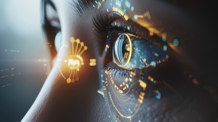 Futuristic cybernetic eye with biometric data overlay: conceptual representation of advanced technology