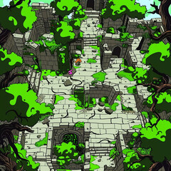 Fototapeta premium Top View Adventure Battle Map: Overgrown Ruins with Ancient Statues and Vines Gen AI