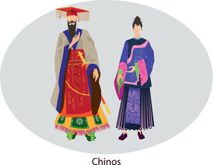 Illustration vector isolated of chinese, traditional costumes, chinos