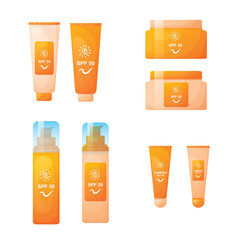 Different sunscreen cosmetic set. SPF sunblock cream, lotion, spray, lipbalm. Summer skincare products vector illustration. Vector illustration EPS 10