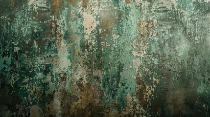 distressed patina grungy cement wall with stressed mold design in green and brown hues texture background