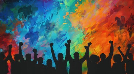 Fototapeta premium diverse crowd of protestors raising hands in unity silhouettes against vibrant sky digital painting