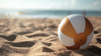 Obraz premium Beach ball with a classic design, lying on sandy beach ground. The ball has a combination of white and orange panels, with the orange panels having a darker orange circular design in the center