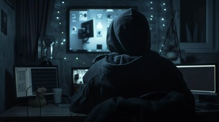 man on his back with a hoodie watching a screen or security cameras. spy or hacker concept