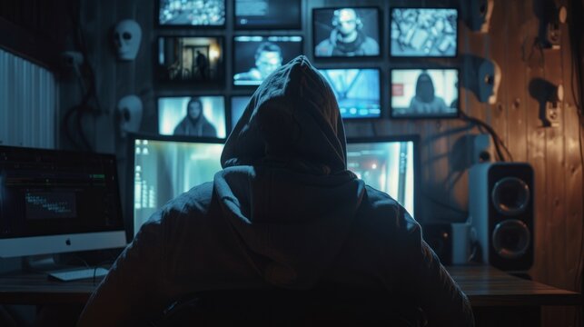 man on his back with a hoodie watching a screen or security cameras. spy or hacker concept - Powered by Adobe