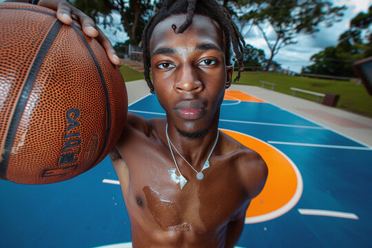 fish-eye lens photo of young sweaty black man posing with basketball ball, street basketball player, casual gen-z POV