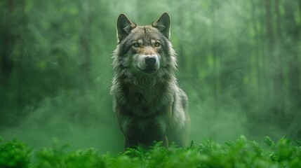 3D realistic wolf in front of a green screen copy space, predator, vibrant, Silhouette, forest backdrop