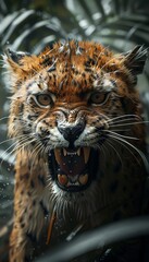 Obraz premium Angry tiger baring teeth copy space, aggression, surreal, Blend mode, jungle backdrop
