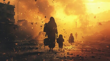 dramatic scene of a refugee family fleeing their wartorn city under bombardment powerful social issue concept illustration