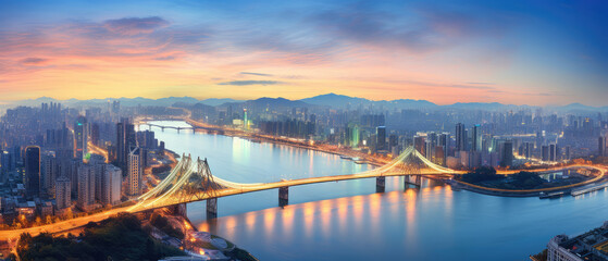 Fototapeta premium Majestic City Bridge at Sunset Panorama