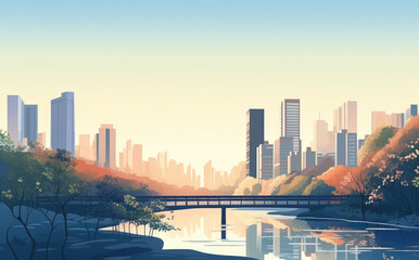 Fototapeta premium Serene City Park at Sunrise Illustration