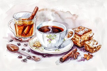 Vintage Tea Time Delight. Hand-Drawn Watercolor Cup of Caramel Tea with Cream and Organic Sweet Ingredients
