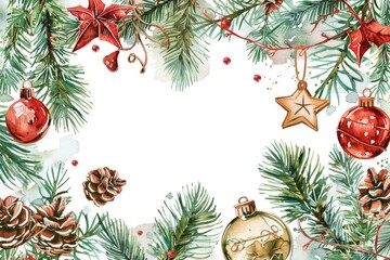 Watercolor Christmas and New Year Decor Frame. Hand-Drawn Festive Illustration with Holiday Symbols