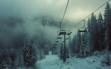 Winter Mountaintop Gondola Ride Through Snowy Forest
