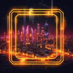 Abstract picture of beautiful geometric shape portal with digital style neon light reflecting set against dark tone background, create futuristic visual ideal for design science fiction cover. AIG35.