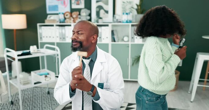 Happy dad, doctor and singing with daughter at clinic for dancing, bonding or fun day at work. Father or medical employee with energetic child or playful kid for comedy or humor at private practice