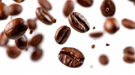 dynamic closeup of falling coffee beans isolated on white background food photography