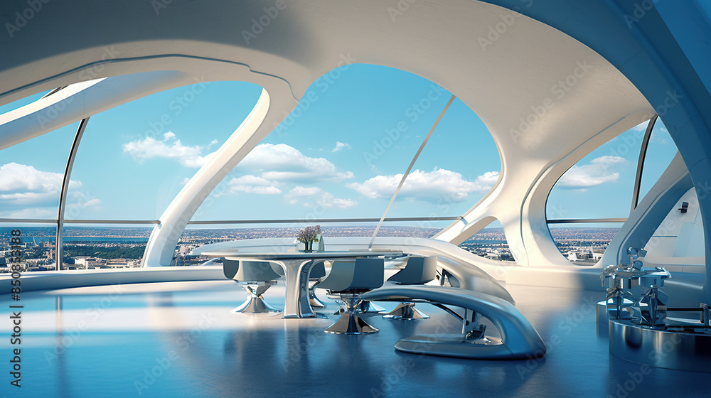 Poster Abstract architecture scene with smooth curves. Abstract background with futuristic building in white and blue colors.