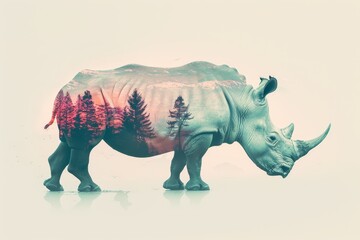 Obraz premium A Powerful Double Exposure of a Majestic Rhino: A Symbol of Strength and Conservation Amidst Nature's Beauty