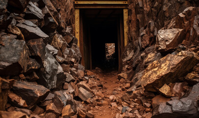 The entrance to a fictional rock quarry or mine, entryway to underground chamber reinforced with wood beams