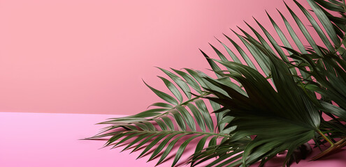 Green leaves of palm tree on pastel pink background.
