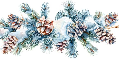 Naklejka premium Winter Holiday Decoration. Watercolor Pine Cone on Spruce Branch with Snowy Fir Cones
