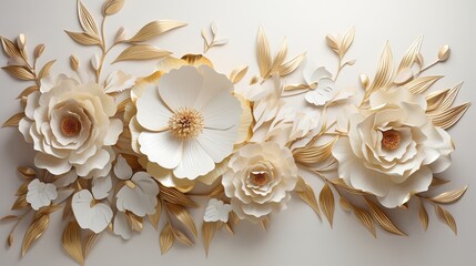 3D mural wallpaper flowers in gold and cream colors