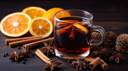 mulled wine with cinnamon and star anise and a slice of orange on white background