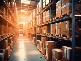 Obraz premium Inside Warehouse Photo, Warehouse industry background with logistic wholesale storehouse, parcel Logistics Warehouse, Warehouse storage