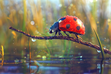 Obraz premium A vibrant ladybug with water droplets on its back perches on a branch above a glistening pond in a natural setting. 