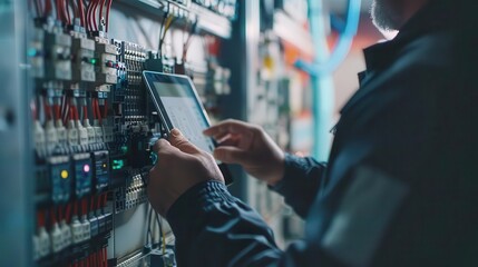 electrical switchboard maintenance technician using tablet for fuse box repairs industrial concept