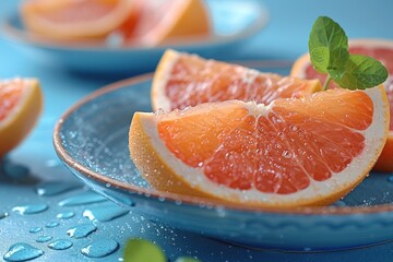 Sliced Grapefruit on a Blue Plate
