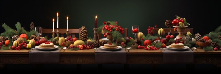 A festive Christmas table adorned with sparkling lights, elegant decorations, and a lavish feast, inviting warmth and joy to the holiday celebration, banner