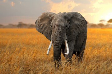 Fototapeta premium Stunning african elephant stands in a golden savanna against a sunset backdrop