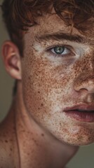Obraz premium In the style of candid realism, a photo portrait depicts a guy adorned with several freckles on his face, emphasizing his unique attributes and personality with genuine authenticity
