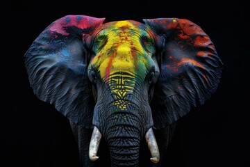 Artistic representation of an elephant with vibrant, colorful paint against a dark backdrop