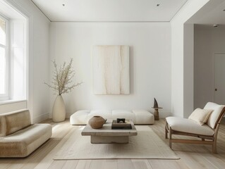 A serene, uncluttered living room with white walls, a single piece of modern art, and minimalist furniture with straight lines
