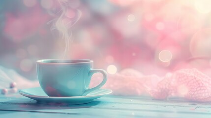 Fototapeta premium elegant pastel background with steaming blue cup soft pink vapor on dreamy backdrop abstract photo