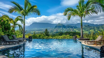 beautiful paradise pool with palm trees and mountains in the background