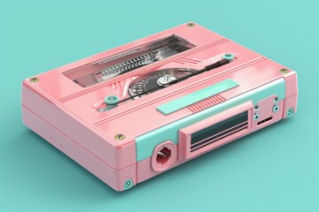 Fototapeta premium Set against a turquoise background, a pink portable player epitomizes '90s nostalgia, marrying vintage design with bold hues for a timeless appeal
