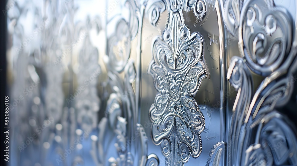 Wall mural Close-up of etched glass, bright midday light, detailed patterns with a frosty finish. 