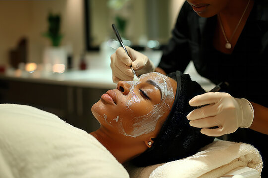 An esthetician applying a facial mask to a relaxed woman in a serene spa setting, highlighting beauty and skincare.
