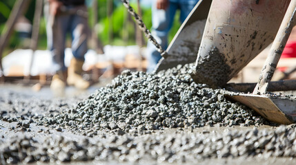 Naklejka premium Builders at the construction site pour the surface with a mixture of cement and small gravel to concrete the construction site of a residential building