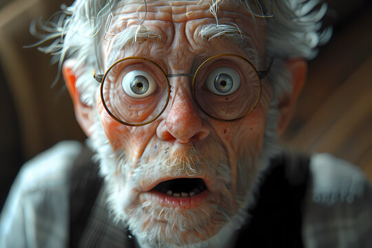 In a captivating 3D cartoon style, a fearful old man is rendered with exaggerated features and expressive details, vividly capturing his anxiety and frailty in a blend of realism and whimsy