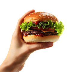 Burger in hand isolated on transparent background